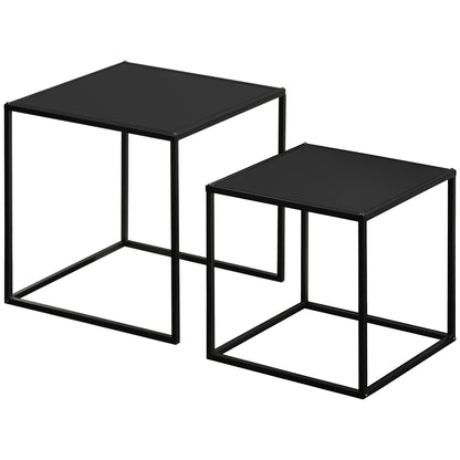 square coffee table 2-piece set, side table in modern design, steel frame, stackable, living room table coffee table side table for living room bedroom, black