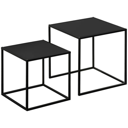 square coffee table 2-piece set, side table in modern design, steel frame, stackable, living room table coffee table side table for living room bedroom, black