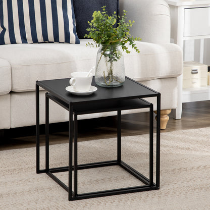square coffee table 2-piece set, side table in modern design, steel frame, stackable, living room table coffee table side table for living room bedroom, black