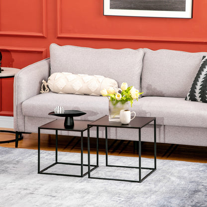 square coffee table 2-piece set, side table in modern design, steel frame, stackable, living room table coffee table side table for living room bedroom, black