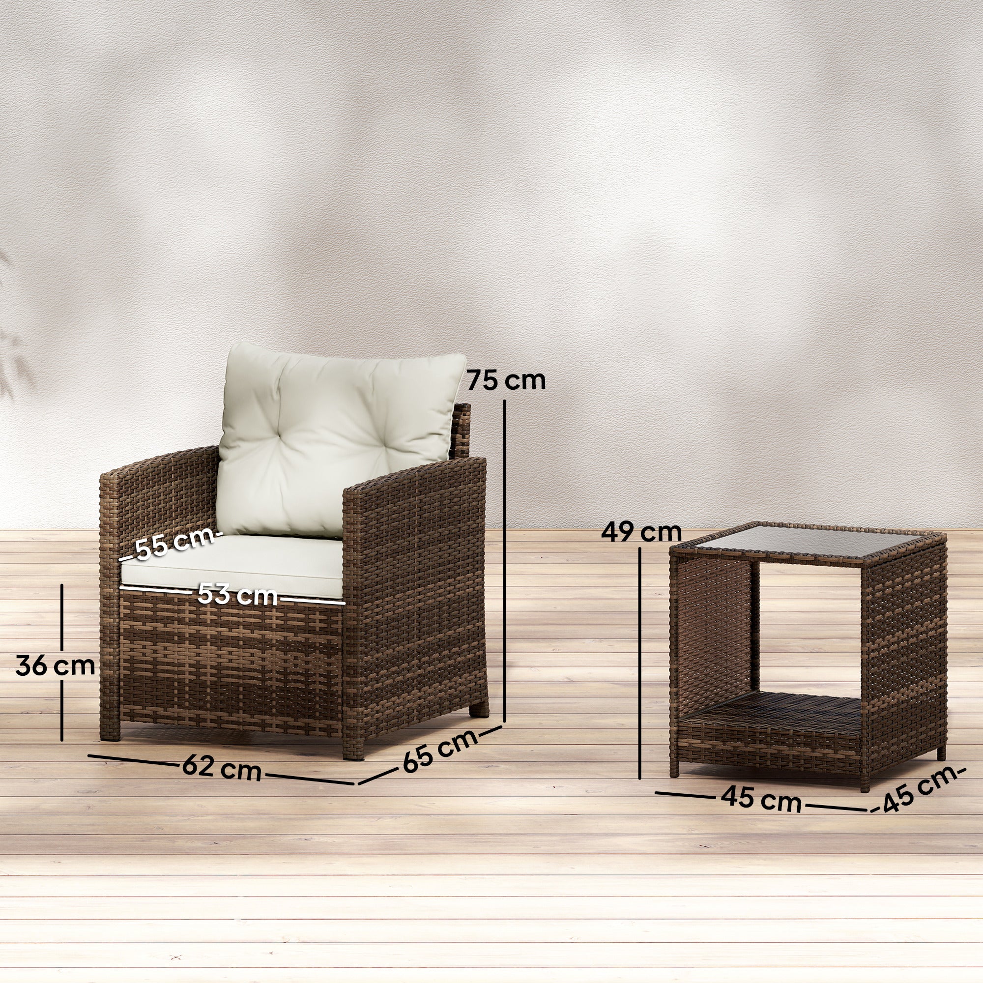 3-Piece PE Rattan Garden Set — 2 Armchairs with Cushions & Glass-Top Coffee Table, Brown & Cream — Balcony/Patio