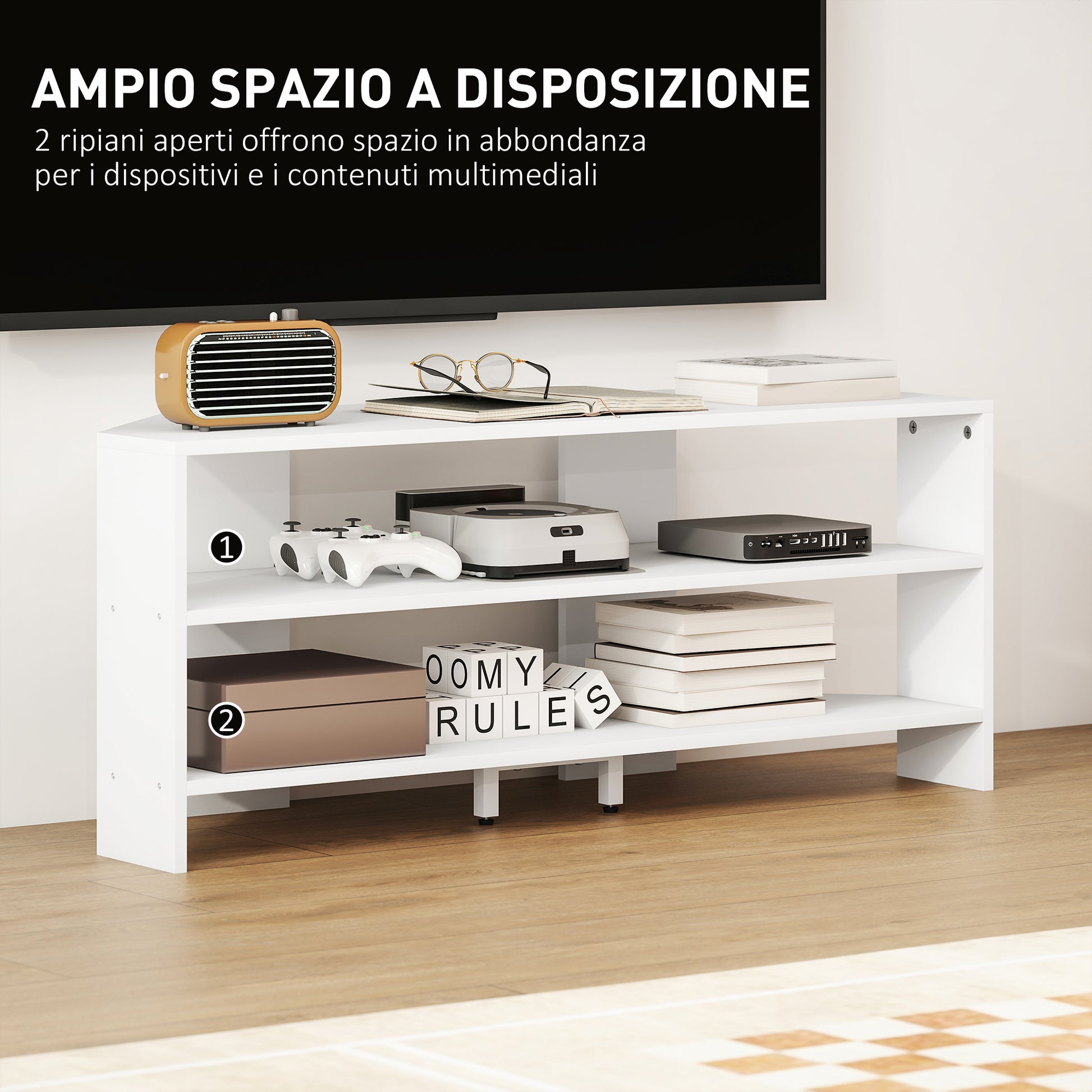 47" Corner TV Stand with 2 Open Shelves, Modern Wood TV Stand for Bedroom and Living Room, 110x36x45 cm, White