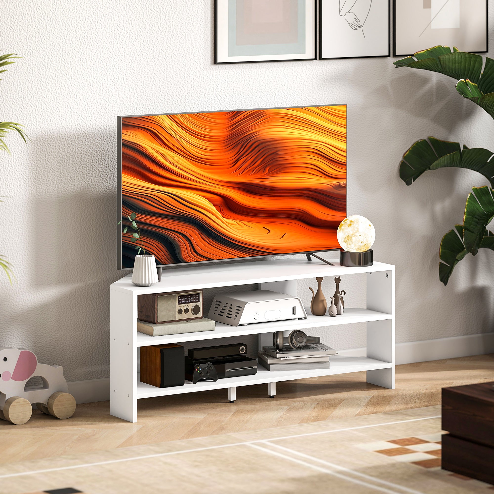 47" Corner TV Stand with 2 Open Shelves, Modern Wood TV Stand for Bedroom and Living Room, 110x36x45 cm, White
