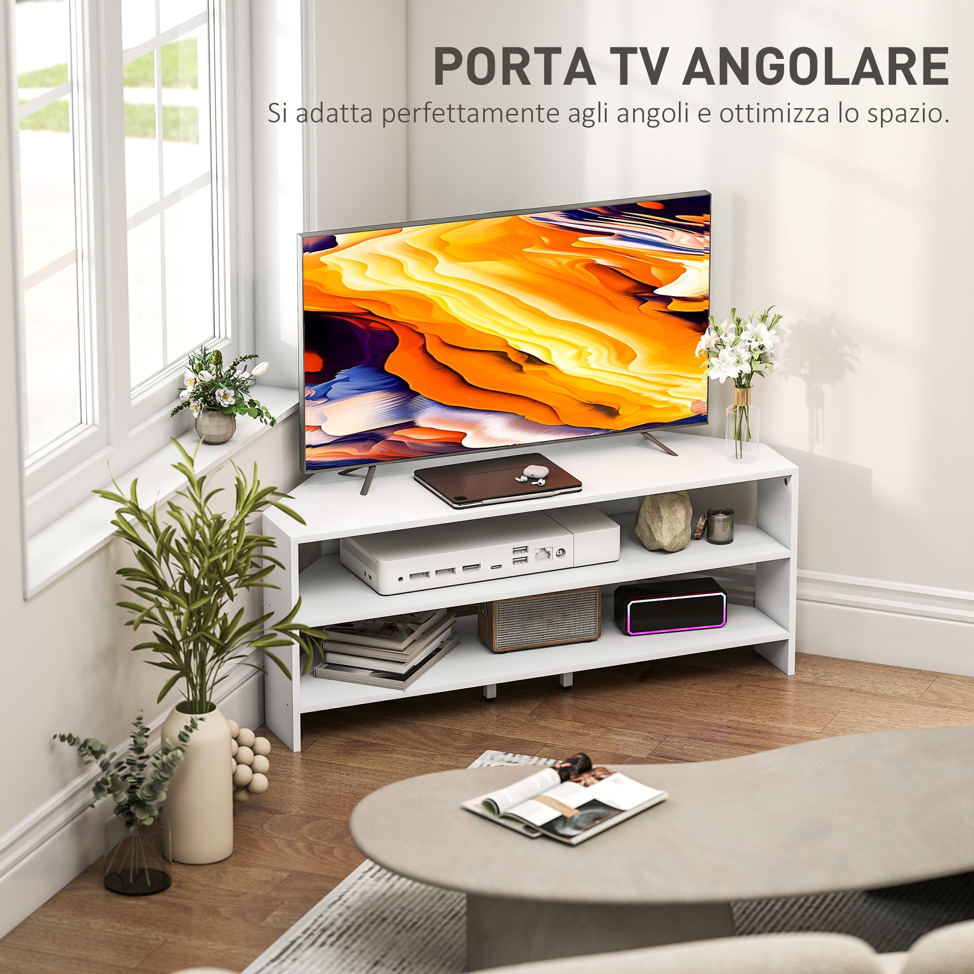 47" Corner TV Stand with 2 Open Shelves, Modern Wood TV Stand for Bedroom and Living Room, 110x36x45 cm, White