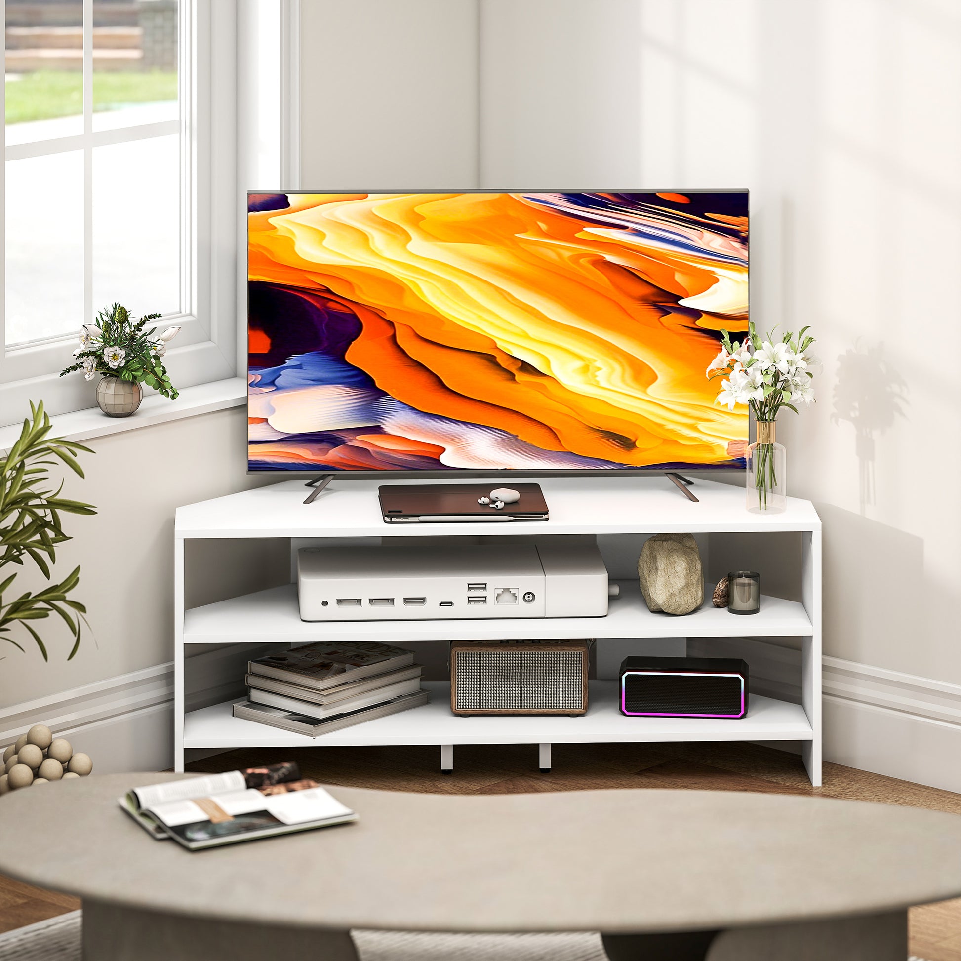 47" Corner TV Stand with 2 Open Shelves, Modern Wood TV Stand for Bedroom and Living Room, 110x36x45 cm, White