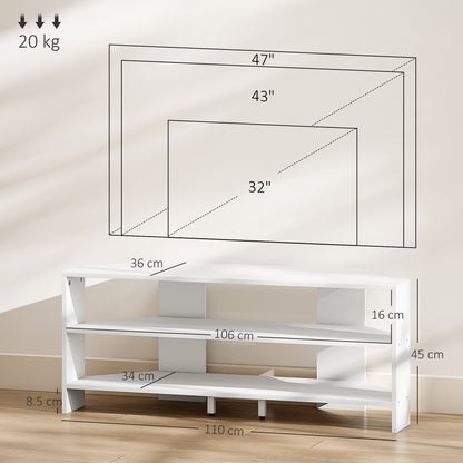 47" Corner TV Stand with 2 Open Shelves, Modern Wood TV Stand for Bedroom and Living Room, 110x36x45 cm, White
