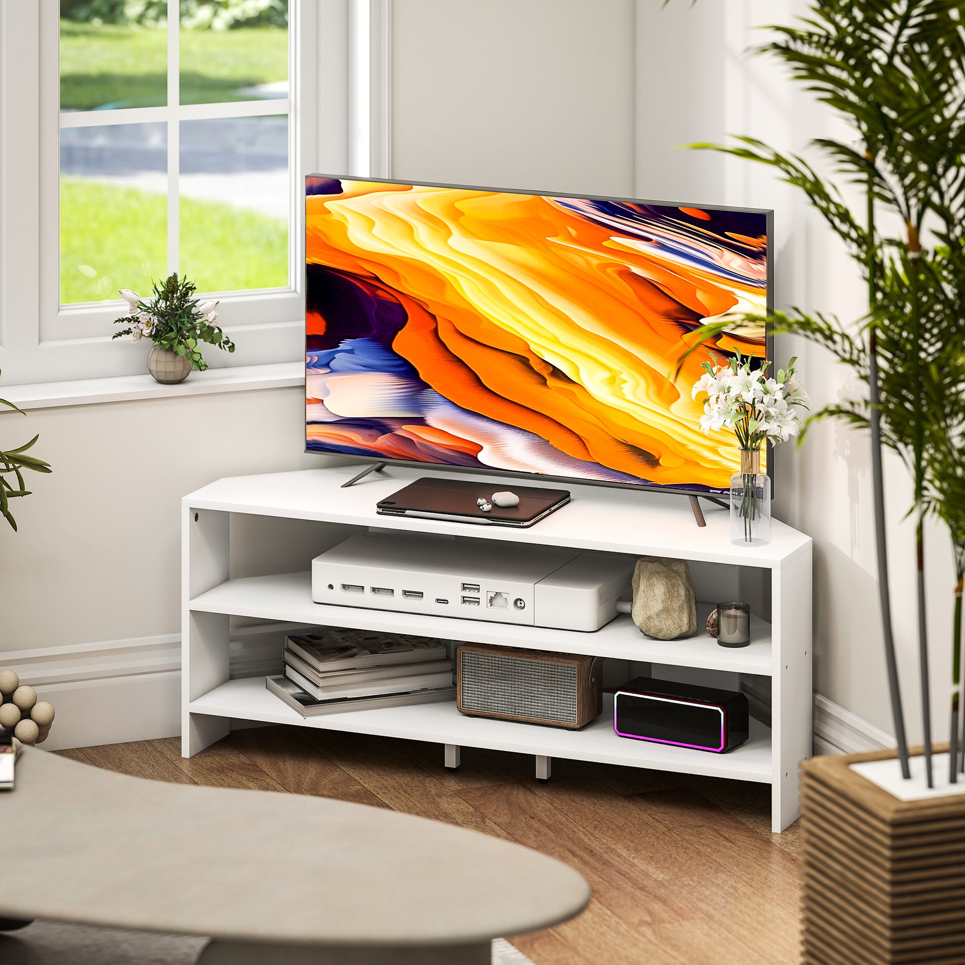 47" Corner TV Stand with 2 Open Shelves, Modern Wood TV Stand for Bedroom and Living Room, 110x36x45 cm, White