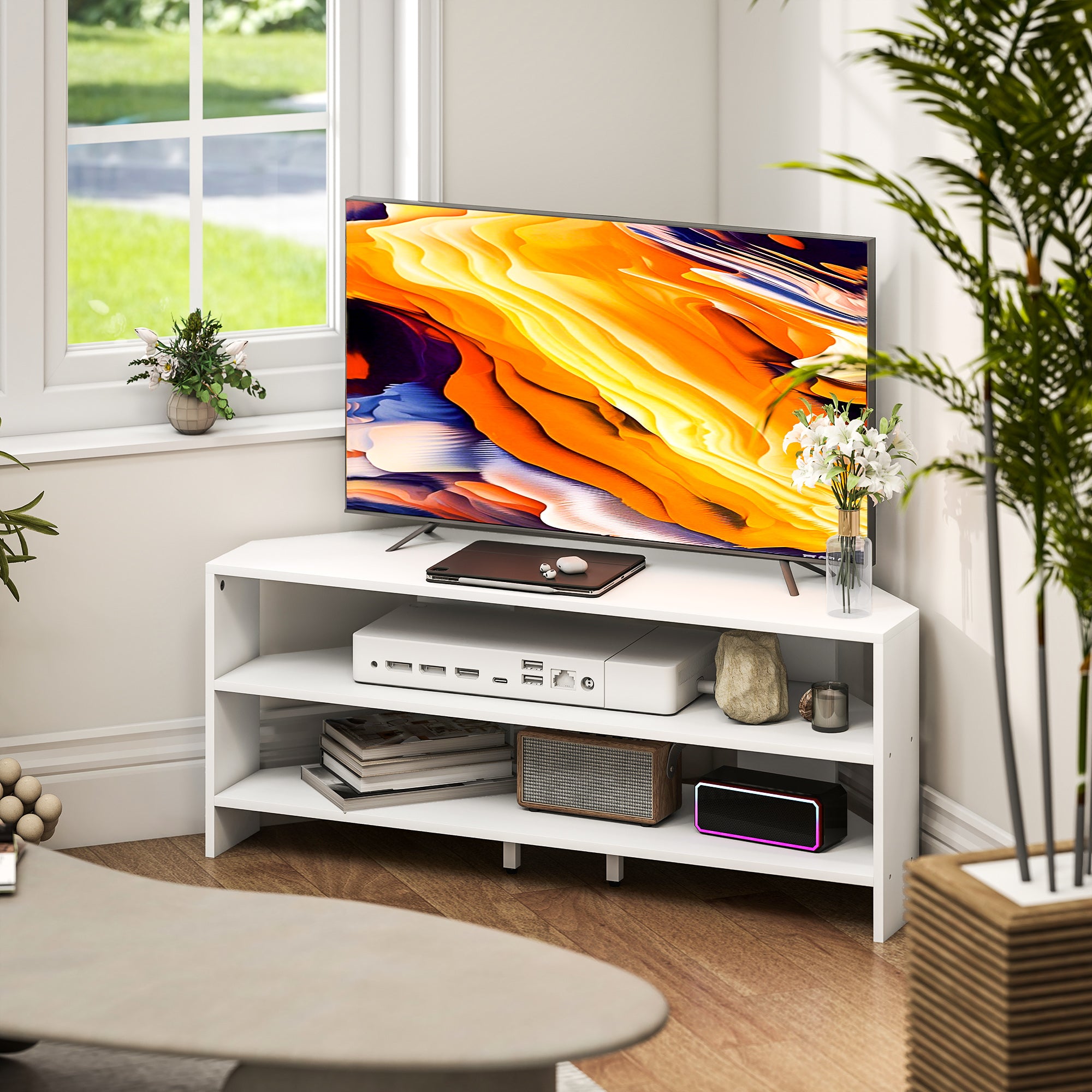 47" Corner TV Stand with 2 Open Shelves, Modern Wood TV Stand for Bedroom and Living Room, 110x36x45 cm, White