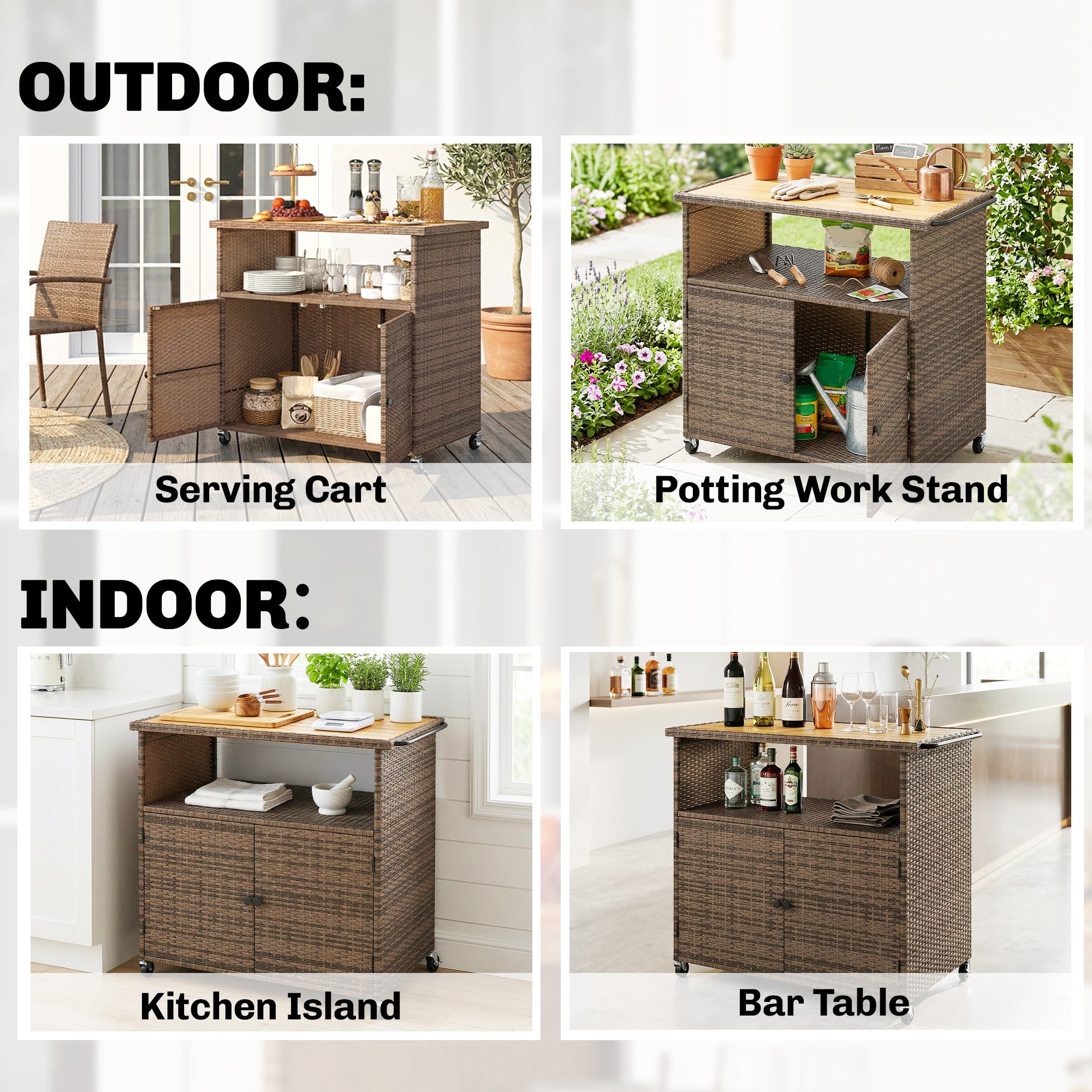 Rattan Serving Cart with FSC Eucalyptus Wood Top, Shelf, Wheels & Side Handle — Outdoor Bar/Grill Cart for Garden, Pool & Patio (95 x 54 x 84 cm / 37.4 x 21.3 x 33.1 in)
