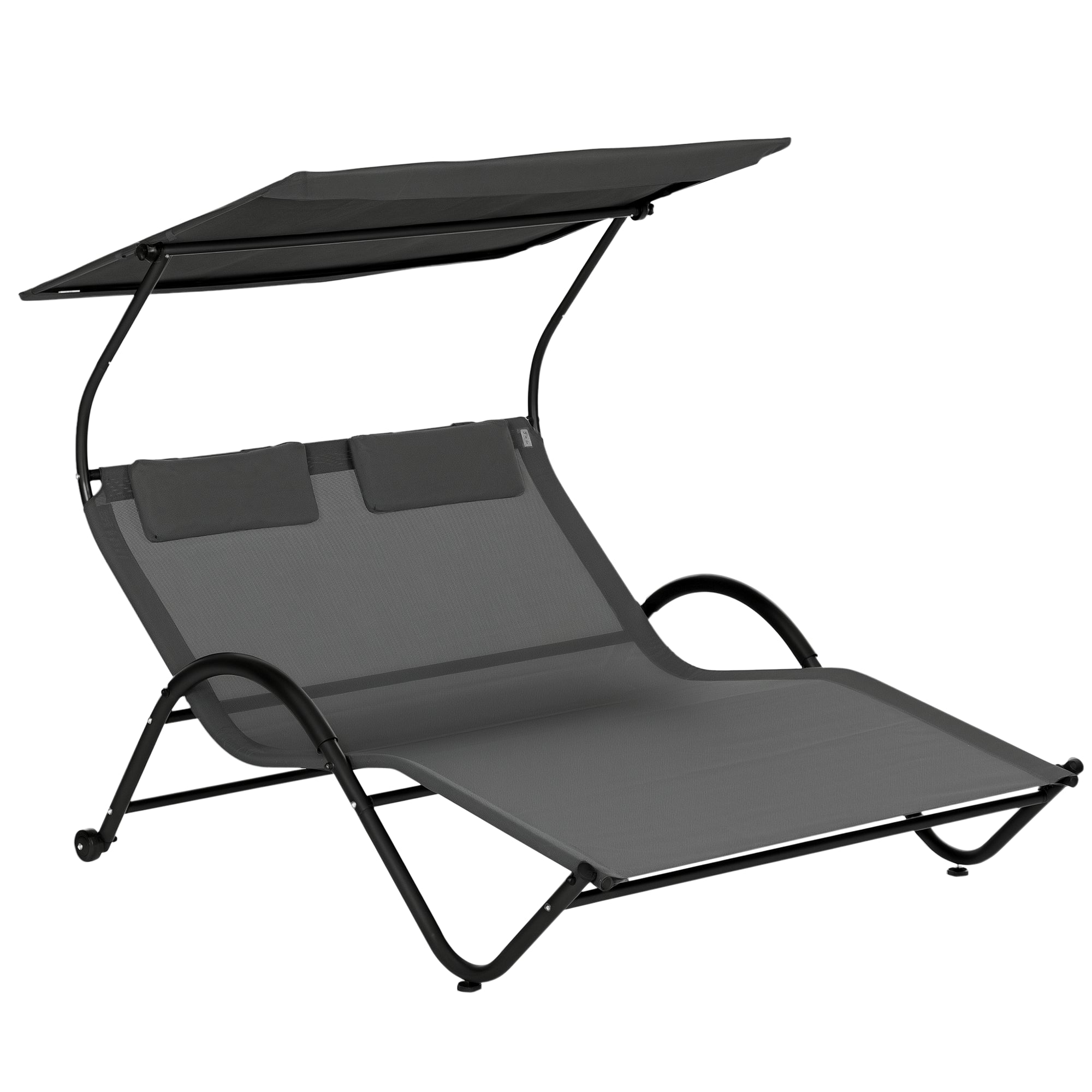 Double Reclining Sun Lounger in Steel with Wheels, Padded Headrest and Sunshade, 200x137x138 cm, Dark Gray