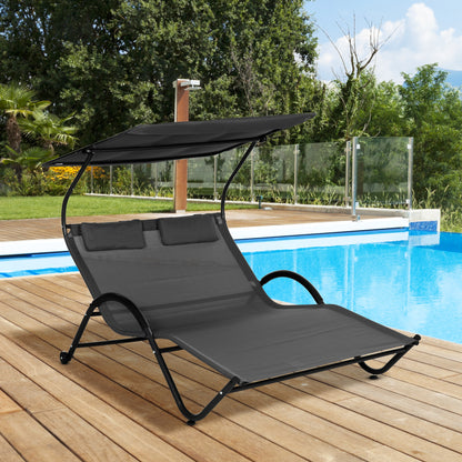 Double Reclining Sun Lounger in Steel with Wheels, Padded Headrest and Sunshade, 200x137x138 cm, Dark Gray