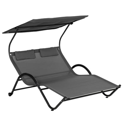 Double Reclining Sun Lounger in Steel with Wheels, Padded Headrest and Sunshade, 200x137x138 cm, Dark Gray