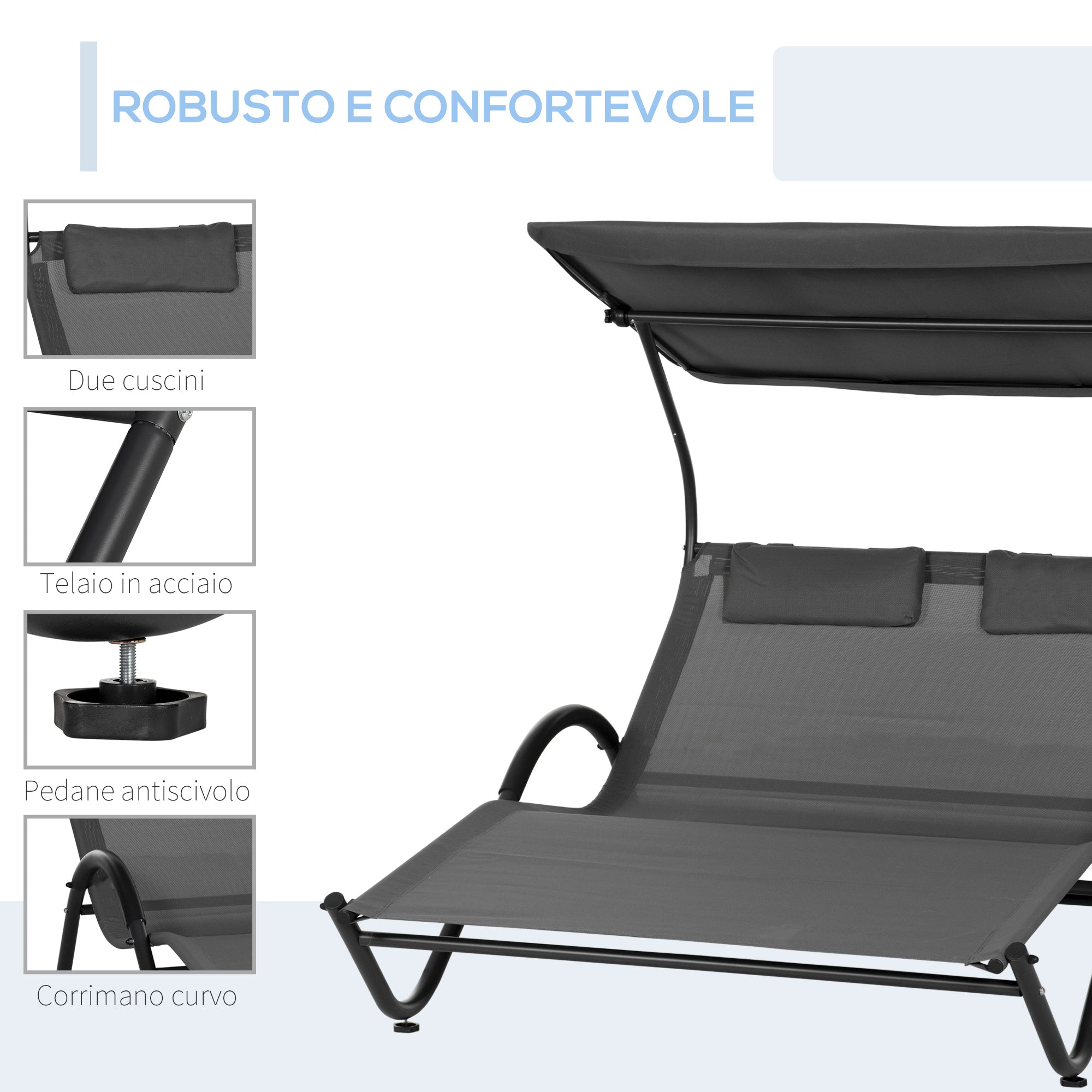 Double Reclining Sun Lounger in Steel with Wheels, Padded Headrest and Sunshade, 200x137x138 cm, Dark Gray