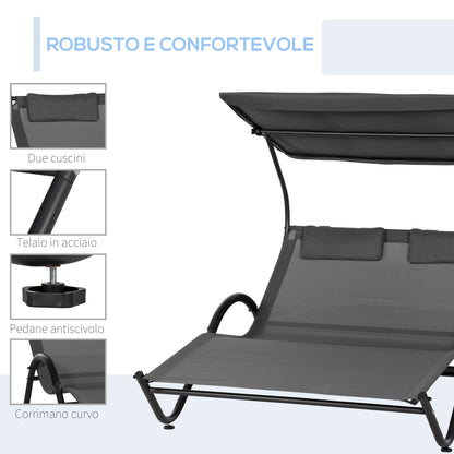 Double Reclining Sun Lounger in Steel with Wheels, Padded Headrest and Sunshade, 200x137x138 cm, Dark Gray
