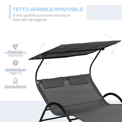 Double Reclining Sun Lounger in Steel with Wheels, Padded Headrest and Sunshade, 200x137x138 cm, Dark Gray