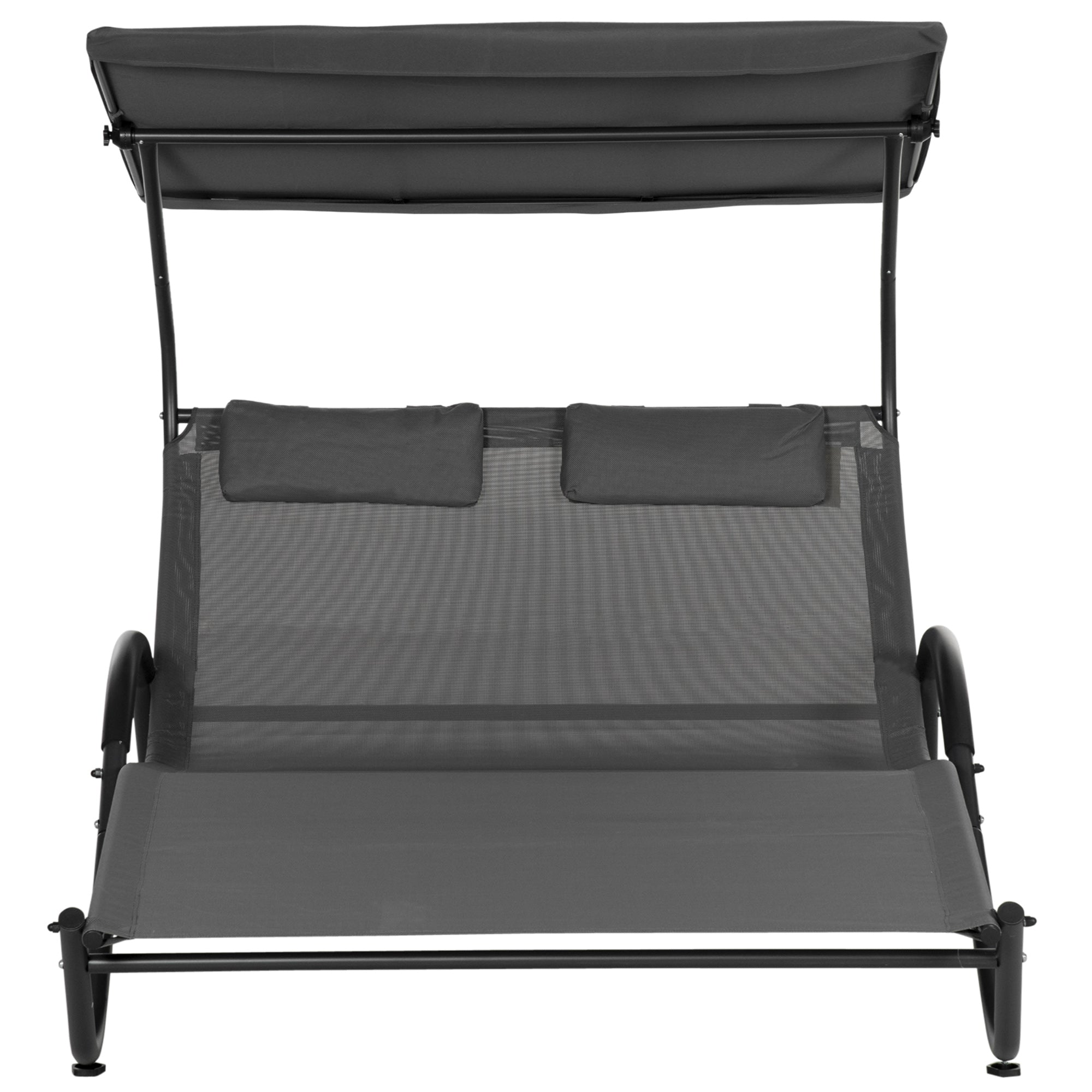 Double Reclining Sun Lounger in Steel with Wheels, Padded Headrest and Sunshade, 200x137x138 cm, Dark Gray