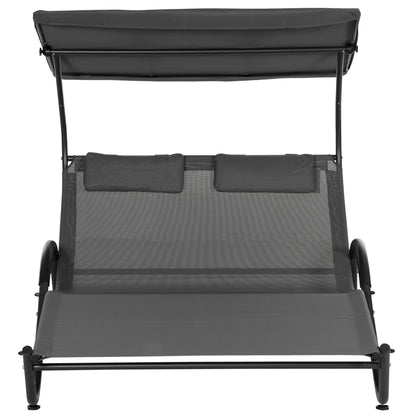Double Reclining Sun Lounger in Steel with Wheels, Padded Headrest and Sunshade, 200x137x138 cm, Dark Gray