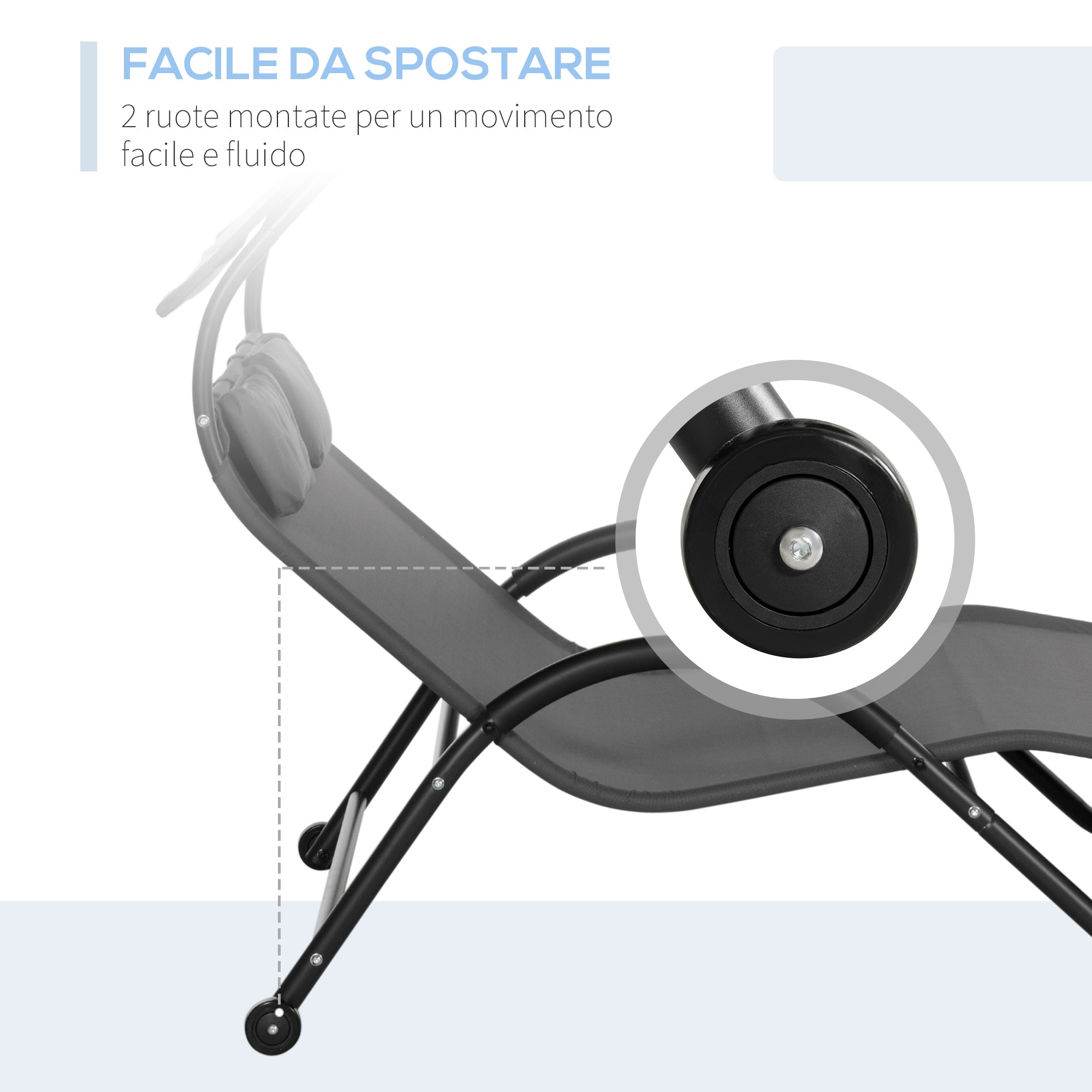 Double Reclining Sun Lounger in Steel with Wheels, Padded Headrest and Sunshade, 200x137x138 cm, Dark Gray