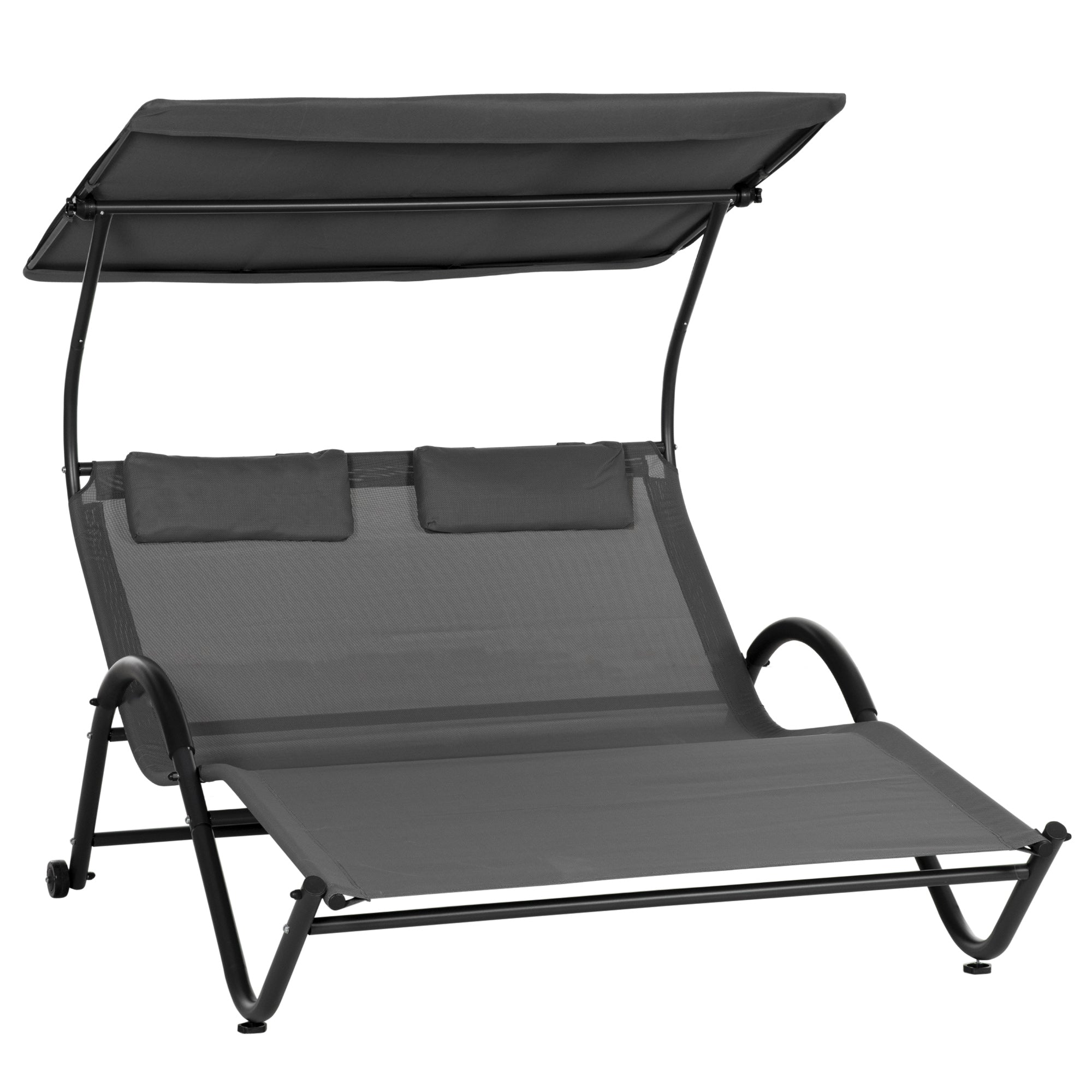 Double Reclining Sun Lounger in Steel with Wheels, Padded Headrest and Sunshade, 200x137x138 cm, Dark Gray
