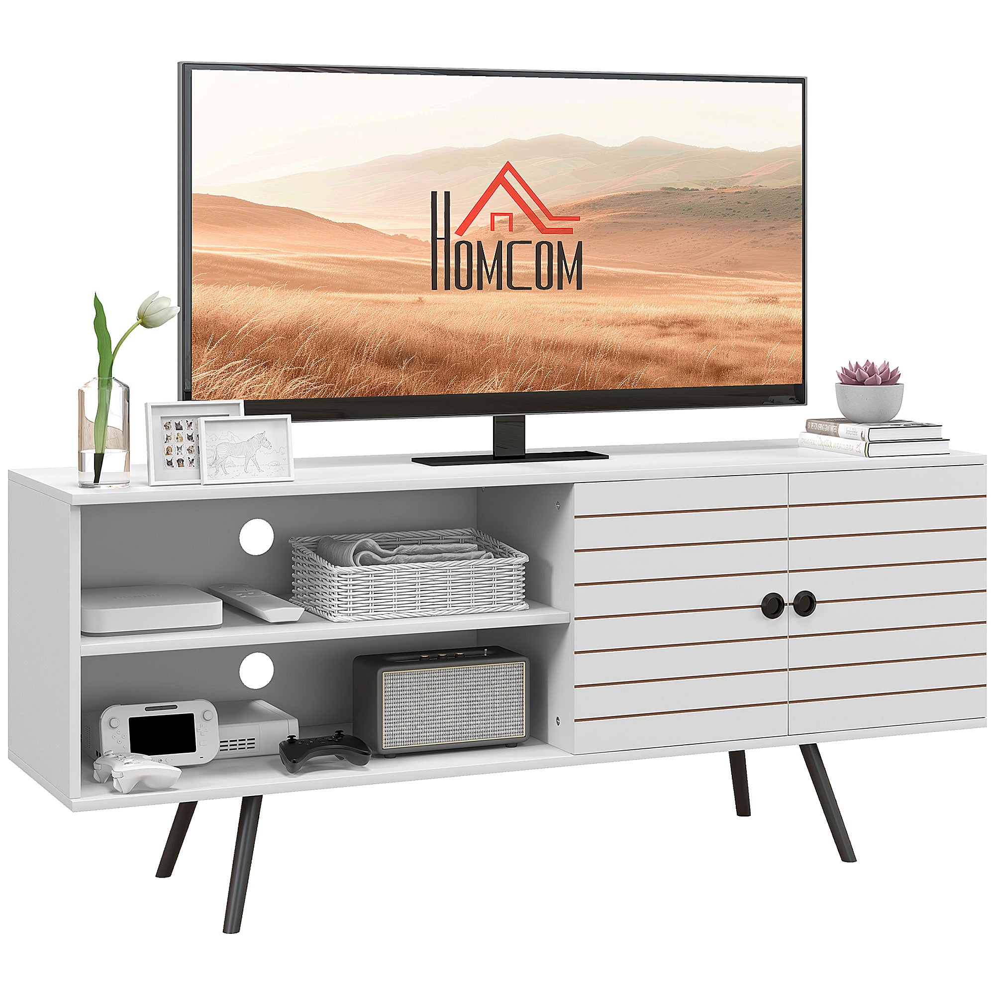 TV Stand for Living Room TV Table for 65-Inch TVs Modern TV Stand with 2 Open Shelves and 1 Adjustable Shelf 145x38x65 cm White