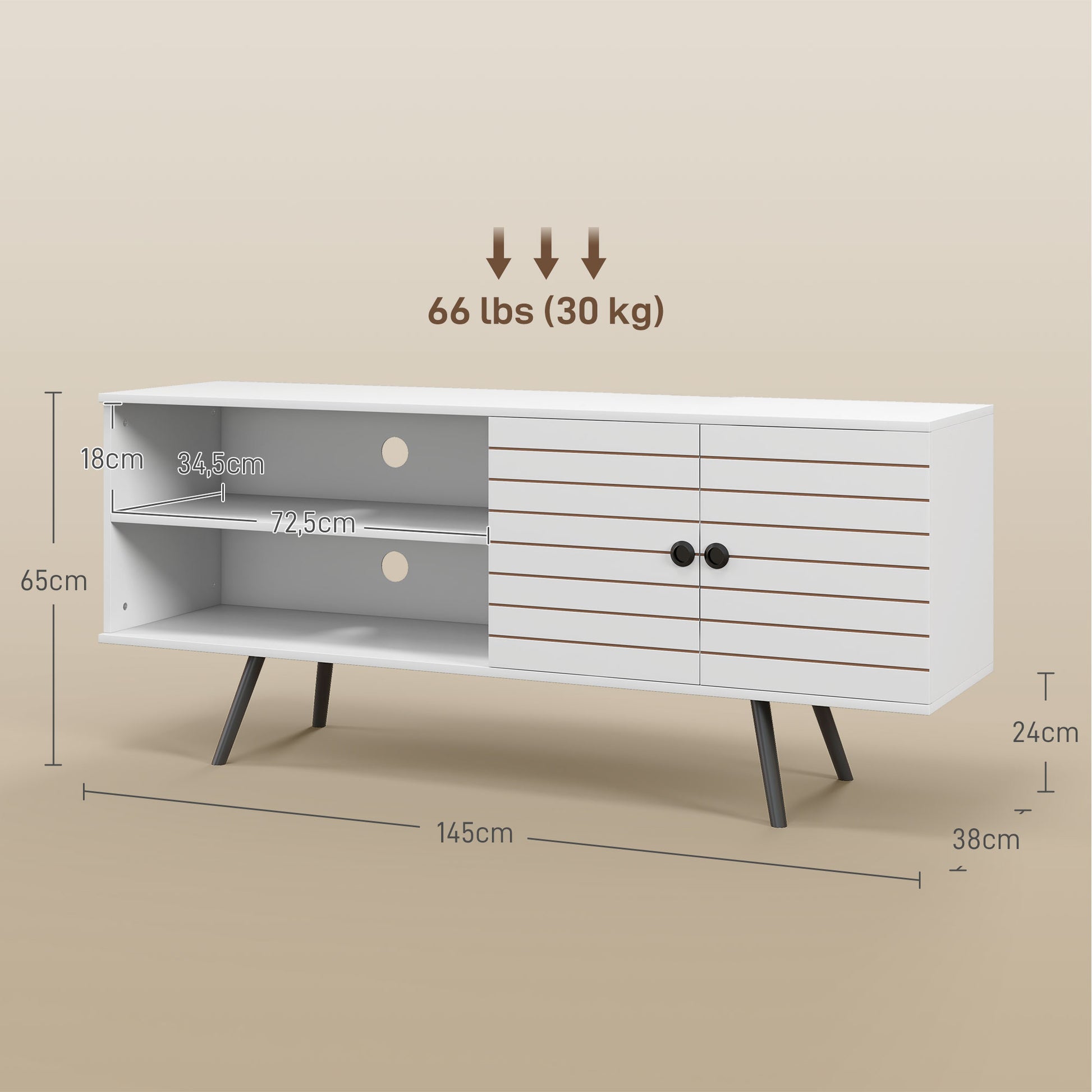 TV Stand for Living Room TV Table for 65-Inch TVs Modern TV Stand with 2 Open Shelves and 1 Adjustable Shelf 145x38x65 cm White