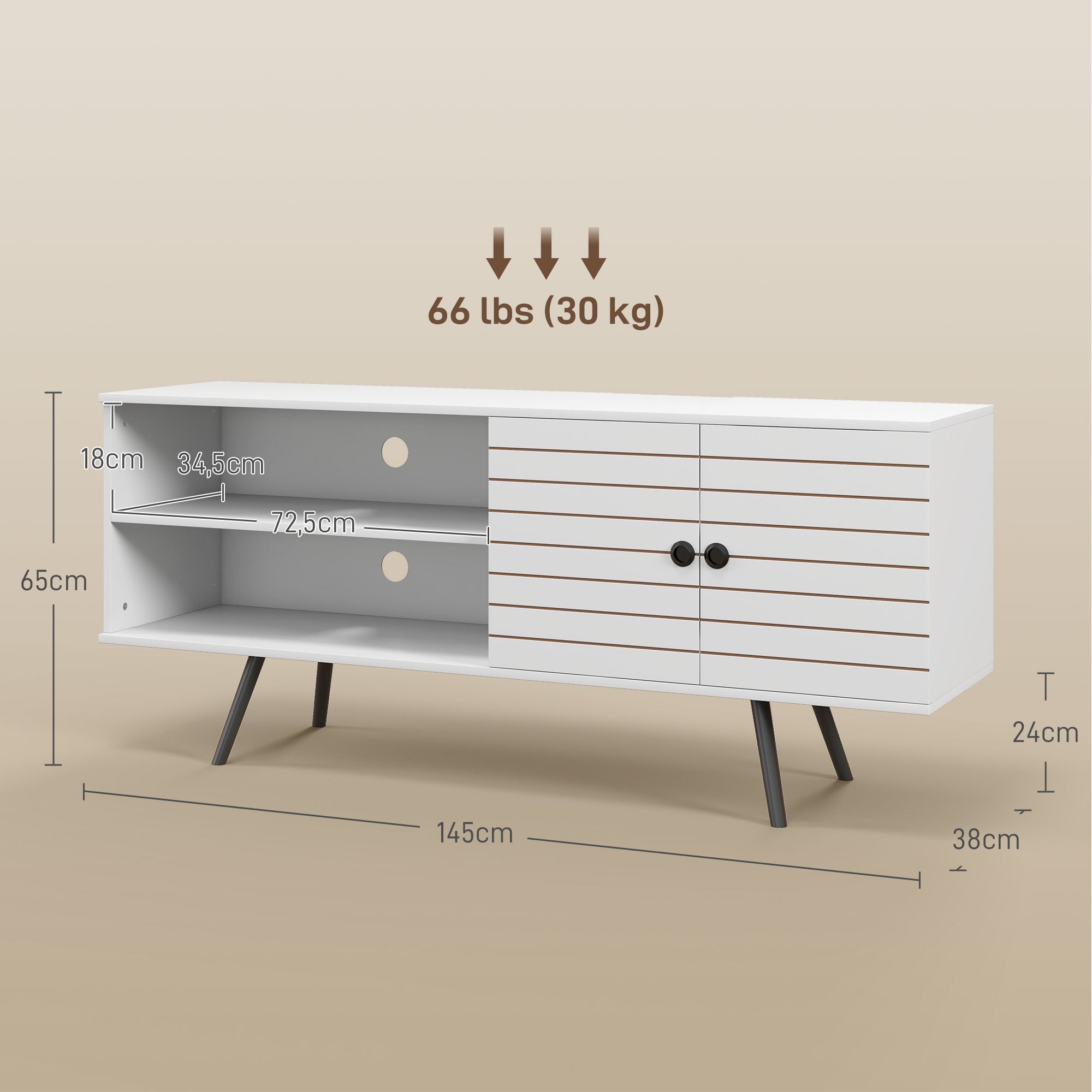 TV Stand for Living Room TV Table for 65-Inch TVs Modern TV Stand with 2 Open Shelves and 1 Adjustable Shelf 145x38x65 cm White
