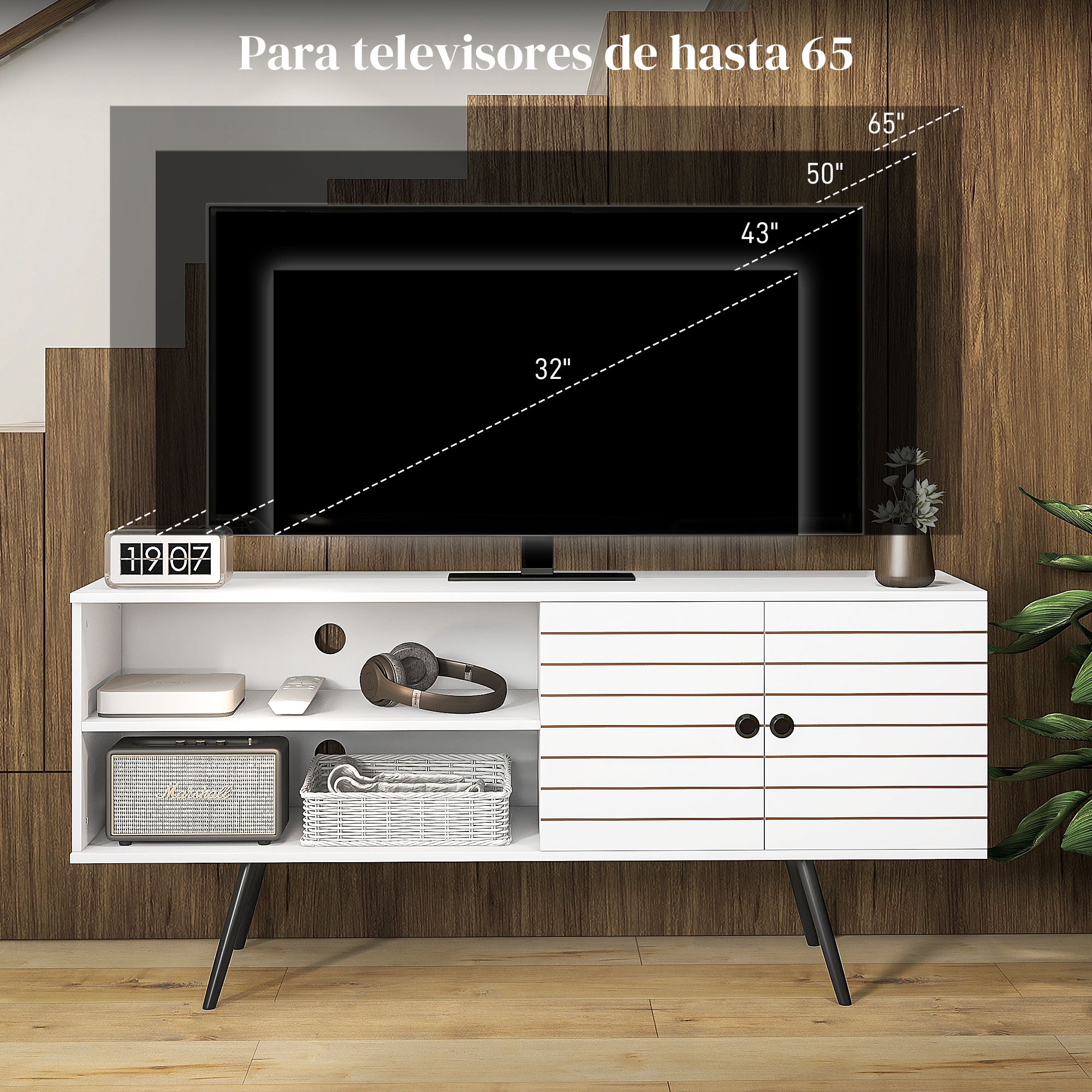 TV Stand for Living Room TV Table for 65-Inch TVs Modern TV Stand with 2 Open Shelves and 1 Adjustable Shelf 145x38x65 cm White