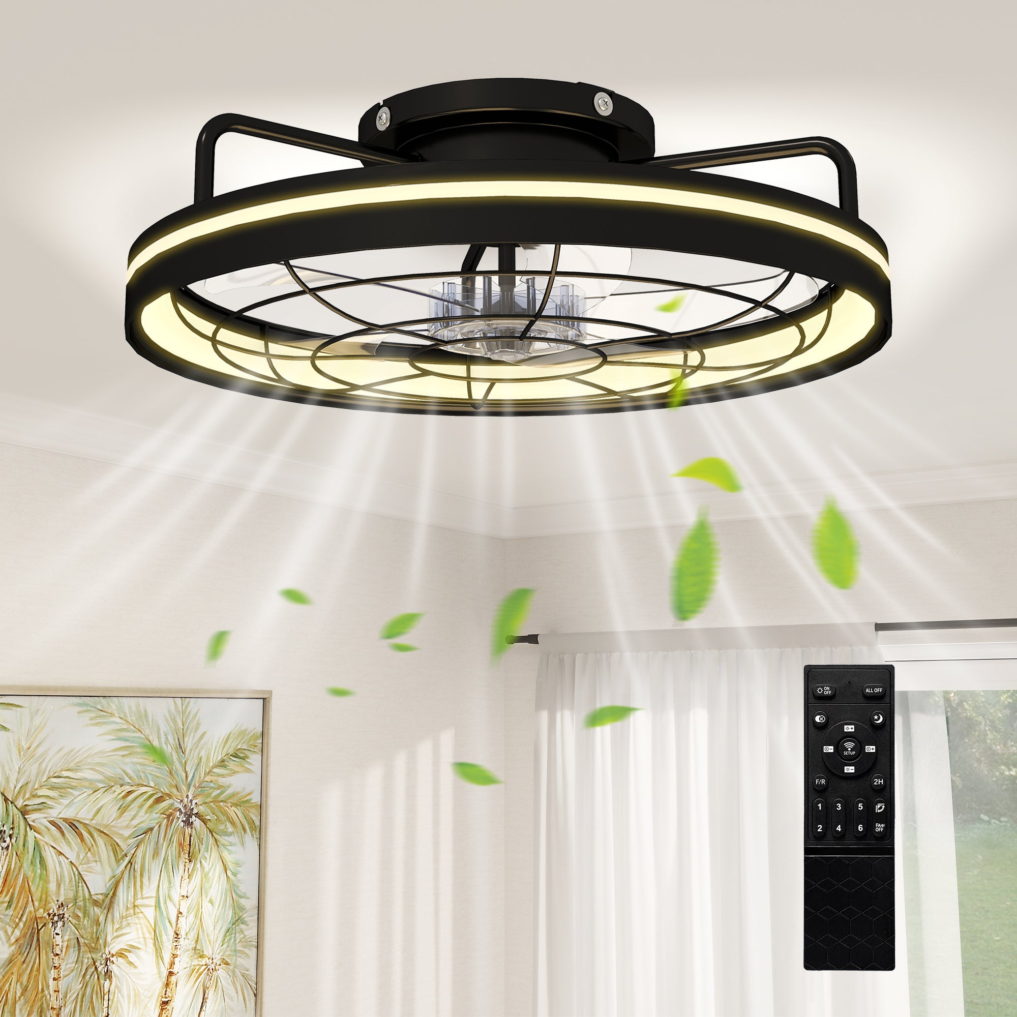 Ceiling Fan with Light, Remote Control, 19 in (48 cm), 40W LED Ceiling Light & Fan, 3 Color Temperatures, Timer, 6 Speeds, Dimmable, Quiet DC Motor, Black Shade
