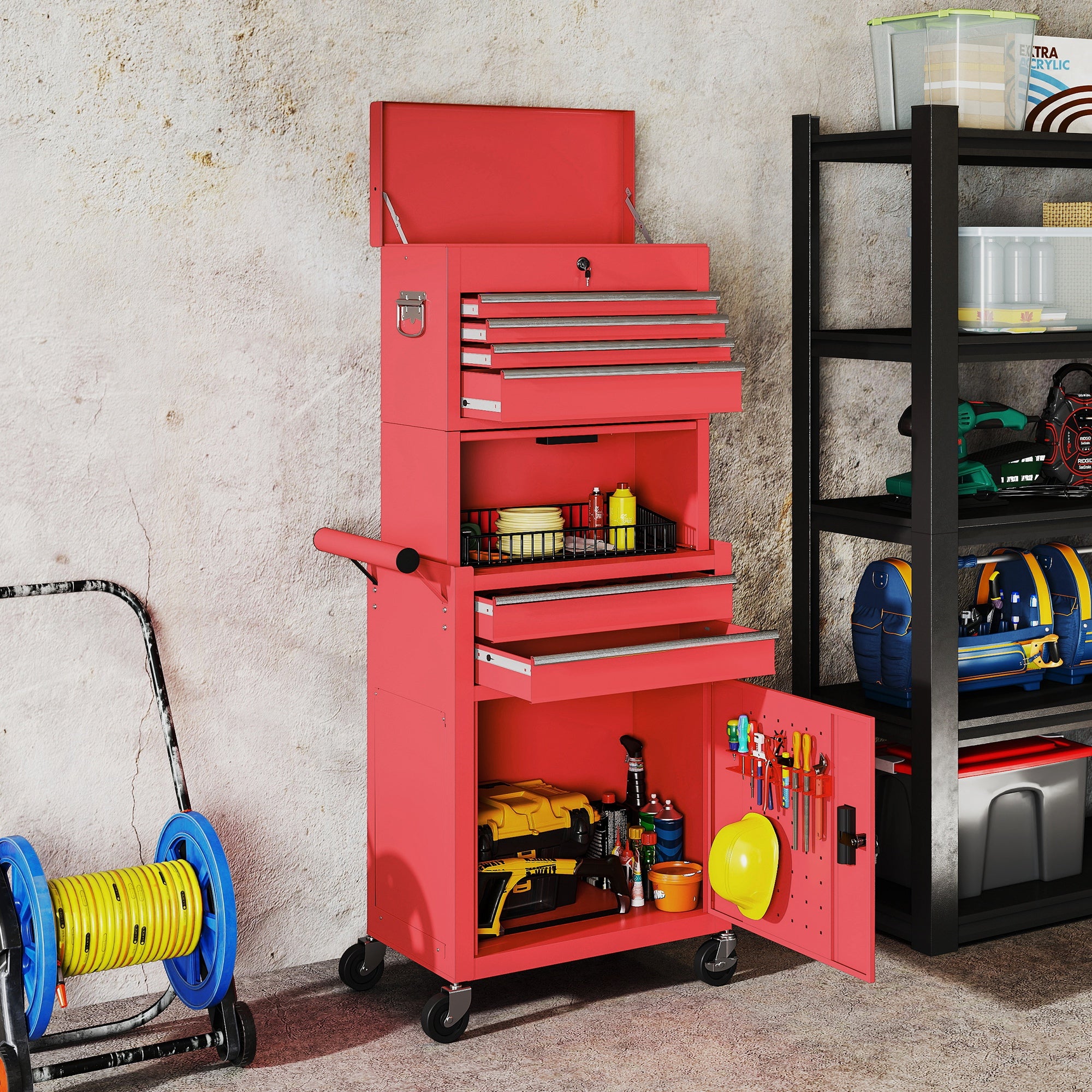 Workshop Trolley with Toolbox, 6 Drawers & Pegboard, Lockable, Empty Tool Cart with Handle, Steel Cabinet on Wheels, Red