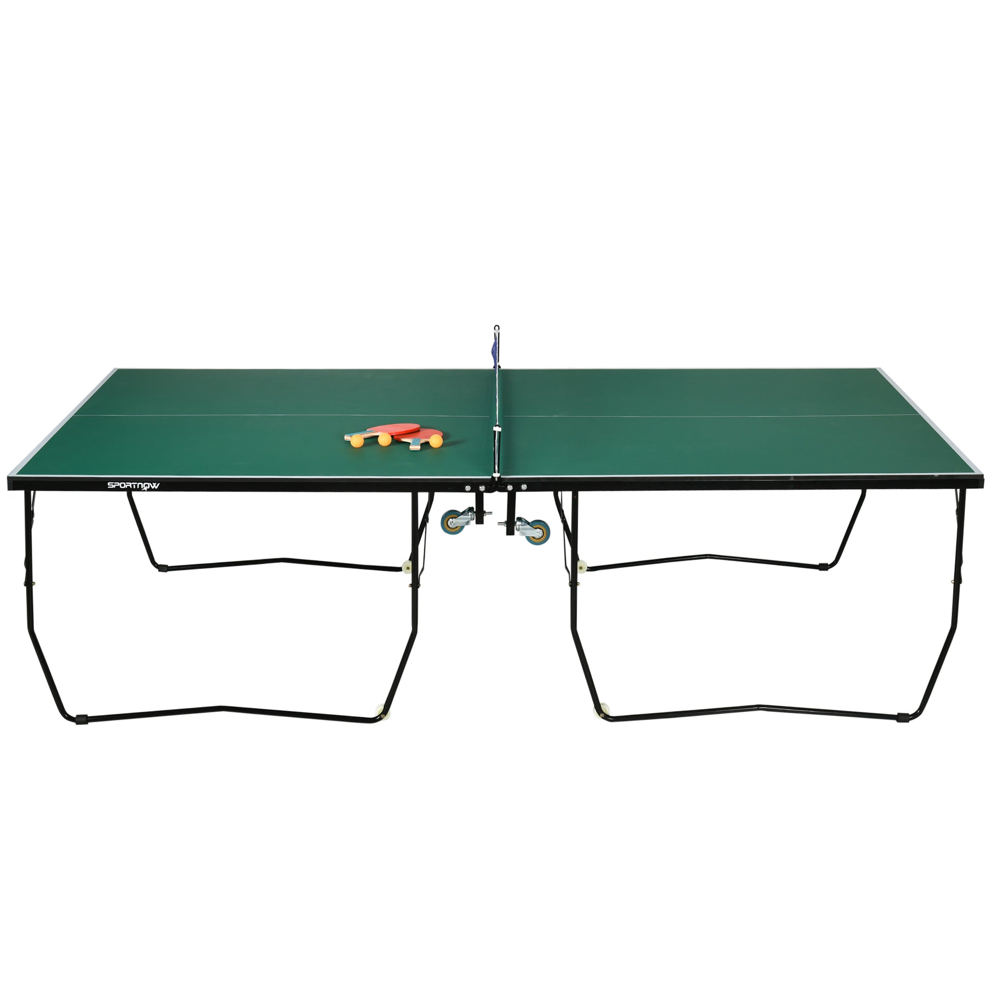 SPORTNOW Table Tennis Table, Foldable Table Tennis Table including Table Tennis Net, Wheels, 2 Table Tennis Rackets, and 3 Balls, Steel, Green, Table Tennis Table for Outdoor Indoor 274 x 152.5 x 76 cm Green