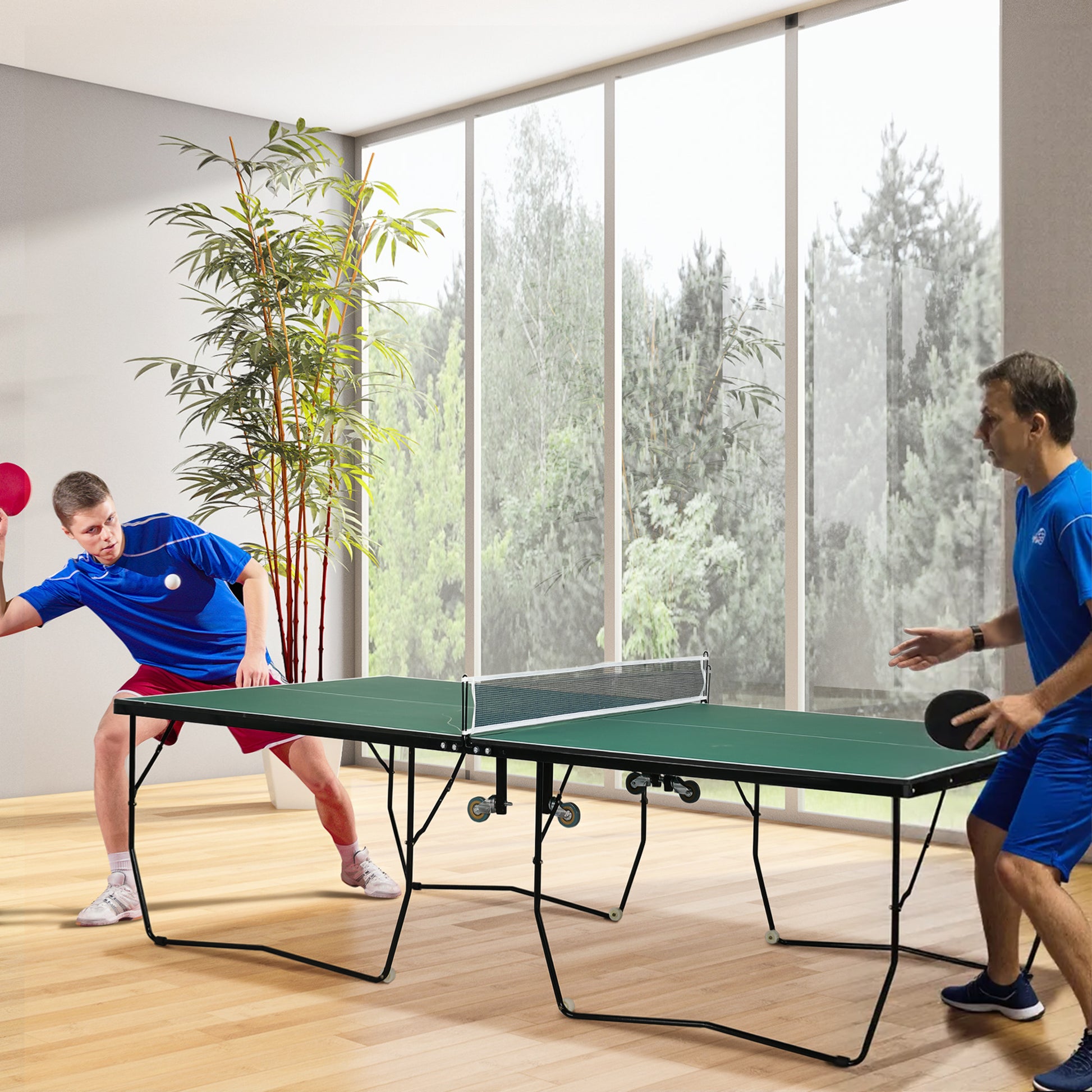 SPORTNOW Table Tennis Table, Foldable Table Tennis Table including Table Tennis Net, Wheels, 2 Table Tennis Rackets, and 3 Balls, Steel, Green, Table Tennis Table for Outdoor Indoor 274 x 152.5 x 76 cm Green