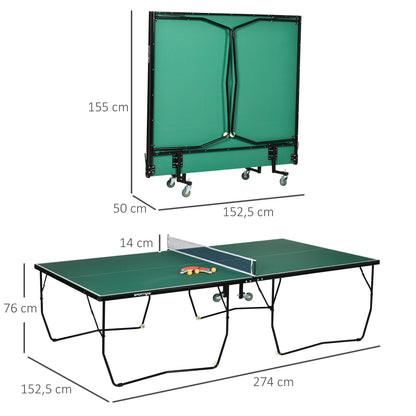 SPORTNOW Table Tennis Table, Foldable Table Tennis Table including Table Tennis Net, Wheels, 2 Table Tennis Rackets, and 3 Balls, Steel, Green, Table Tennis Table for Outdoor Indoor 274 x 152.5 x 76 cm Green