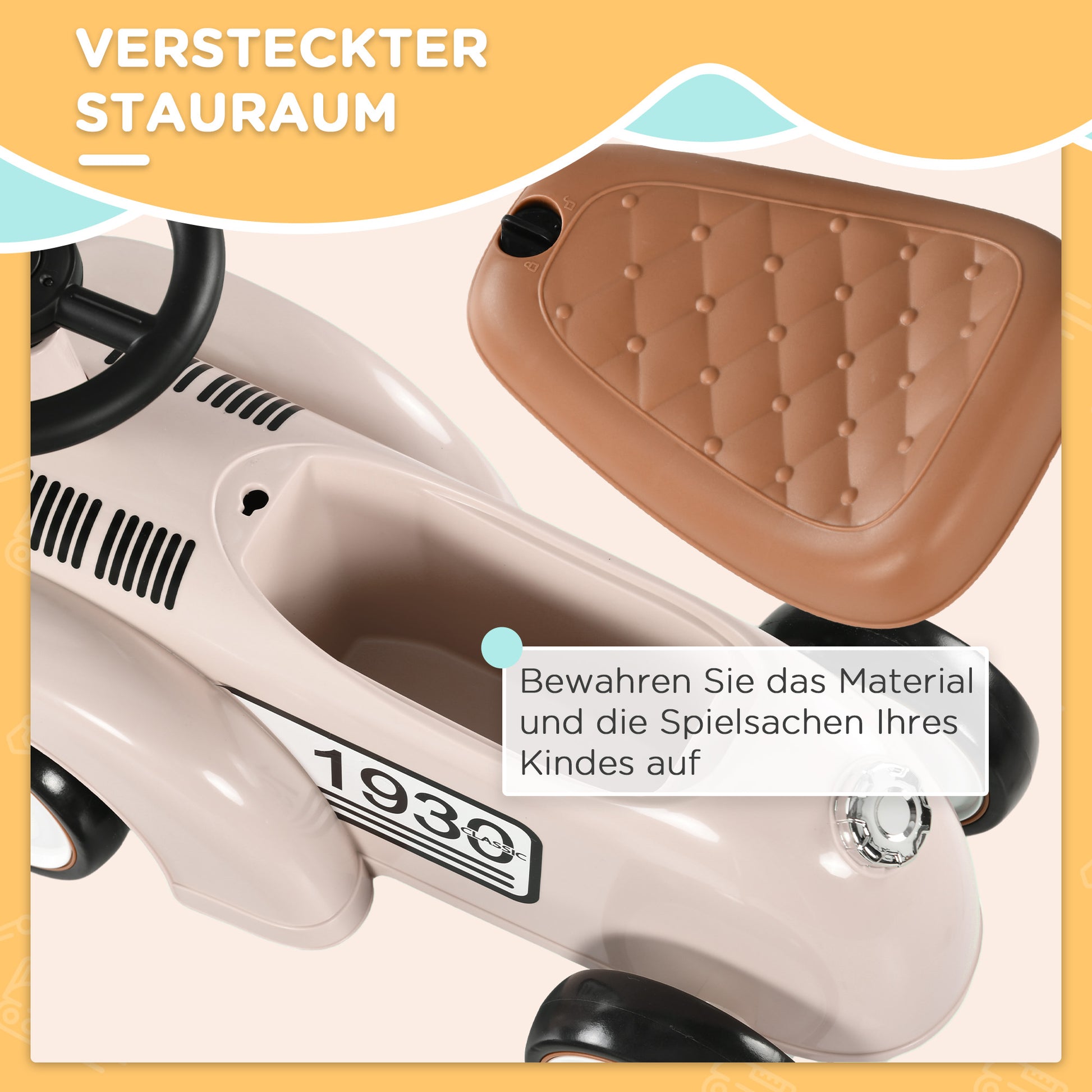 Kids Slider, Children's Vehicle with Storage Space, Kids Car, Slider Vehicle with Anti-Tip Protection, Slider for 1-3 Year Old Kids, Cream, 58 x 27 x 35 cm