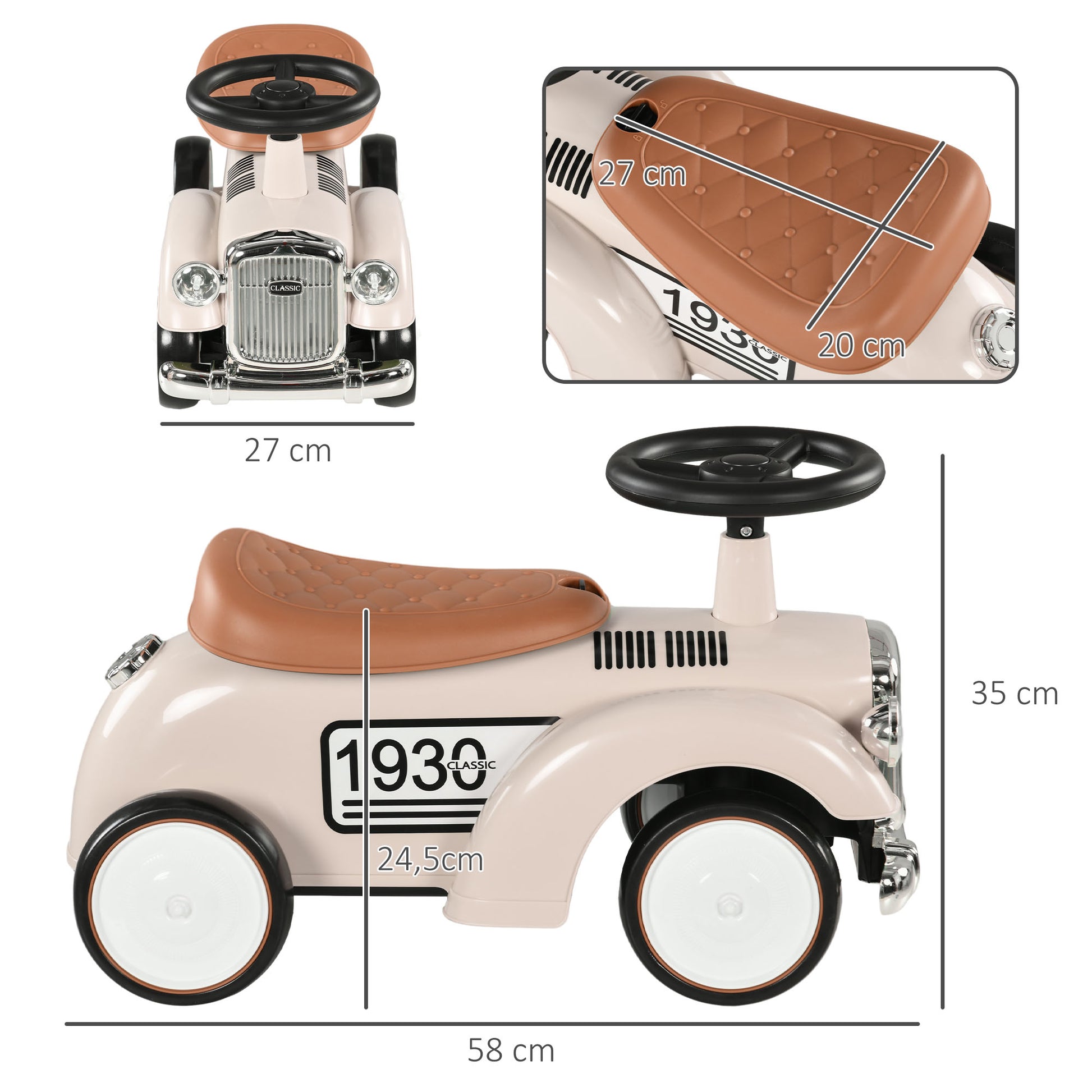 Kids Slider, Children's Vehicle with Storage Space, Kids Car, Slider Vehicle with Anti-Tip Protection, Slider for 1-3 Year Old Kids, Cream, 58 x 27 x 35 cm