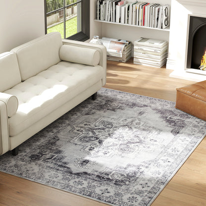Machine-Washable Anti-Slip Vintage Flannel Short-Pile Area Rug for Living Room, Kitchen, Patio & Balcony, 90.6 x 63 in, Gray