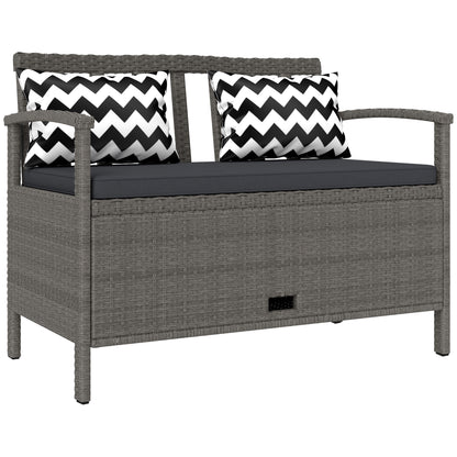 Outdoor Garden 2-Seater Bench, 160L PE Rattan Storage Bench, with Cushion, 2 Pillows, Steel Frame, 112 cm, Gray