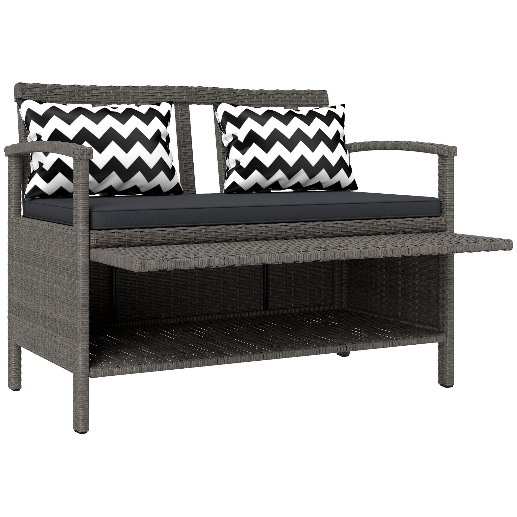Outdoor Garden 2-Seater Bench, 160L PE Rattan Storage Bench, with Cushion, 2 Pillows, Steel Frame, 112 cm, Gray