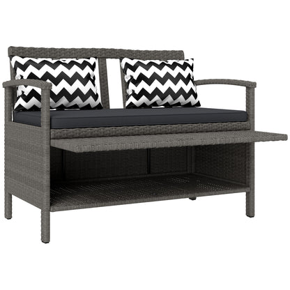 Outdoor Garden 2-Seater Bench, 160L PE Rattan Storage Bench, with Cushion, 2 Pillows, Steel Frame, 112 cm, Gray