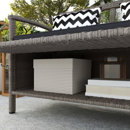 Outdoor Garden 2-Seater Bench, 160L PE Rattan Storage Bench, with Cushion, 2 Pillows, Steel Frame, 112 cm, Gray