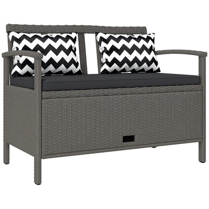 Outdoor Garden 2-Seater Bench, 160L PE Rattan Storage Bench, with Cushion, 2 Pillows, Steel Frame, 112 cm, Gray