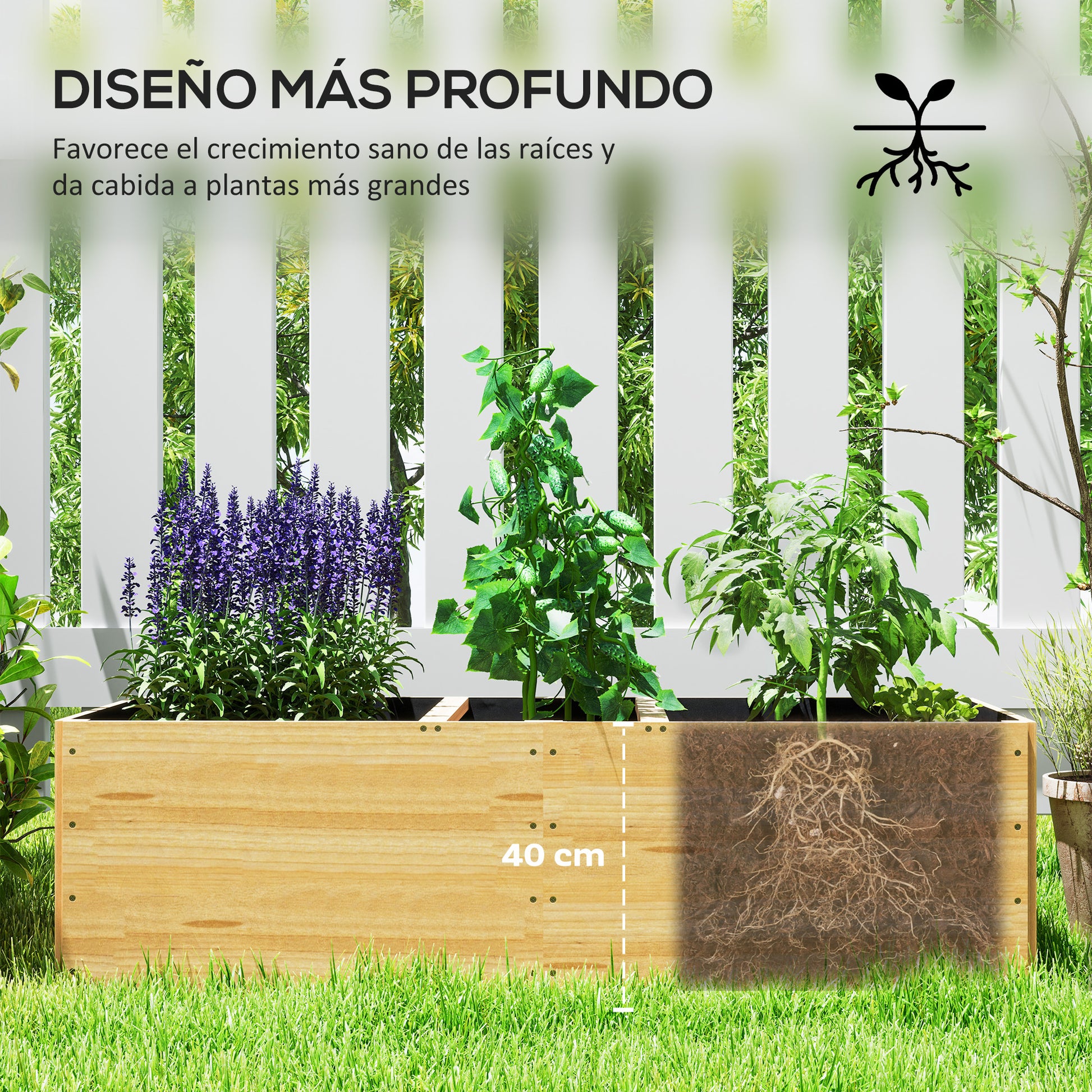 Large Outdoor Wood Planter with 3 Planting Zones and Lining Rectangular Planter for Garden Balcony Terrace 140x60x40 cm Natural