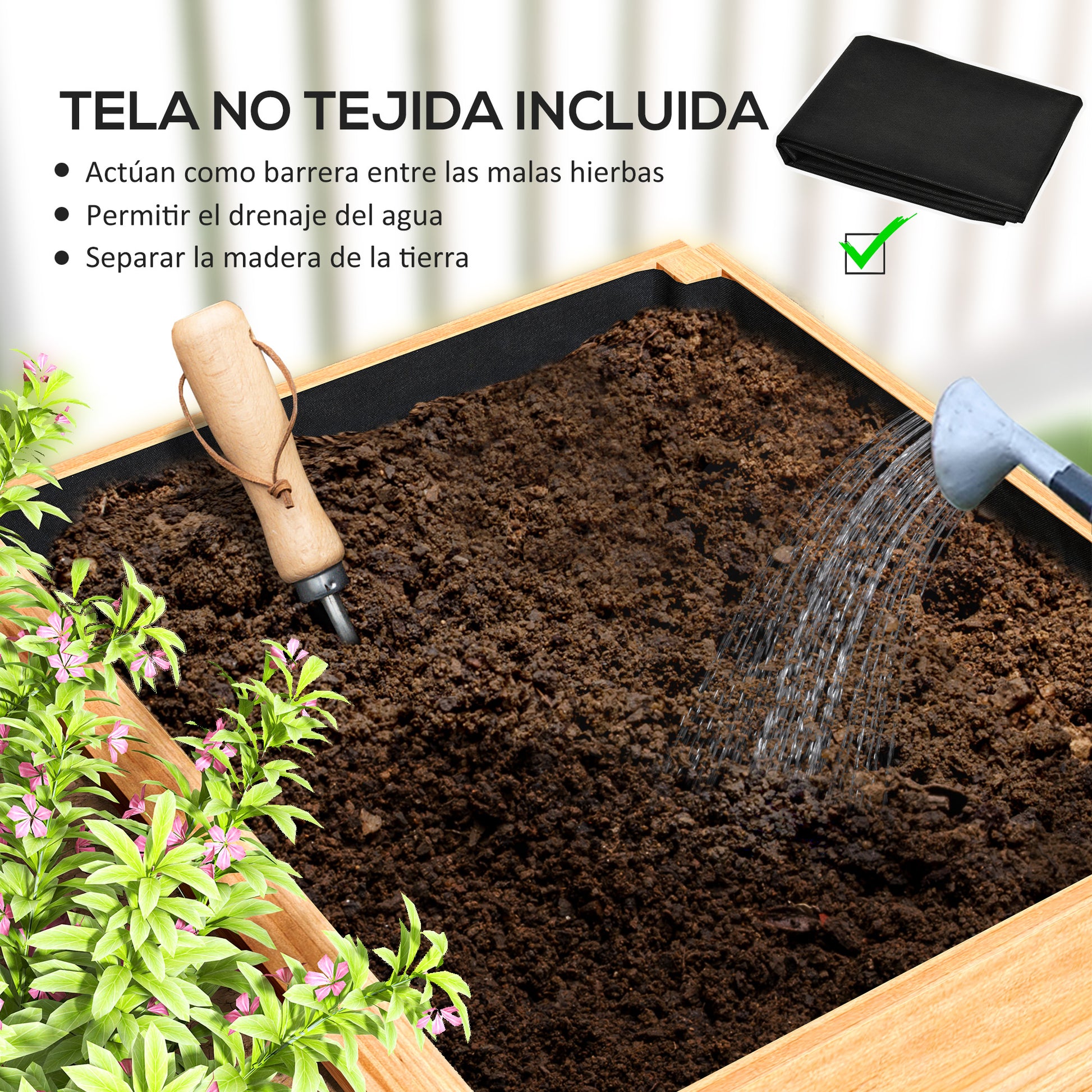 Large Outdoor Wood Planter with 3 Planting Zones and Lining Rectangular Planter for Garden Balcony Terrace 140x60x40 cm Natural