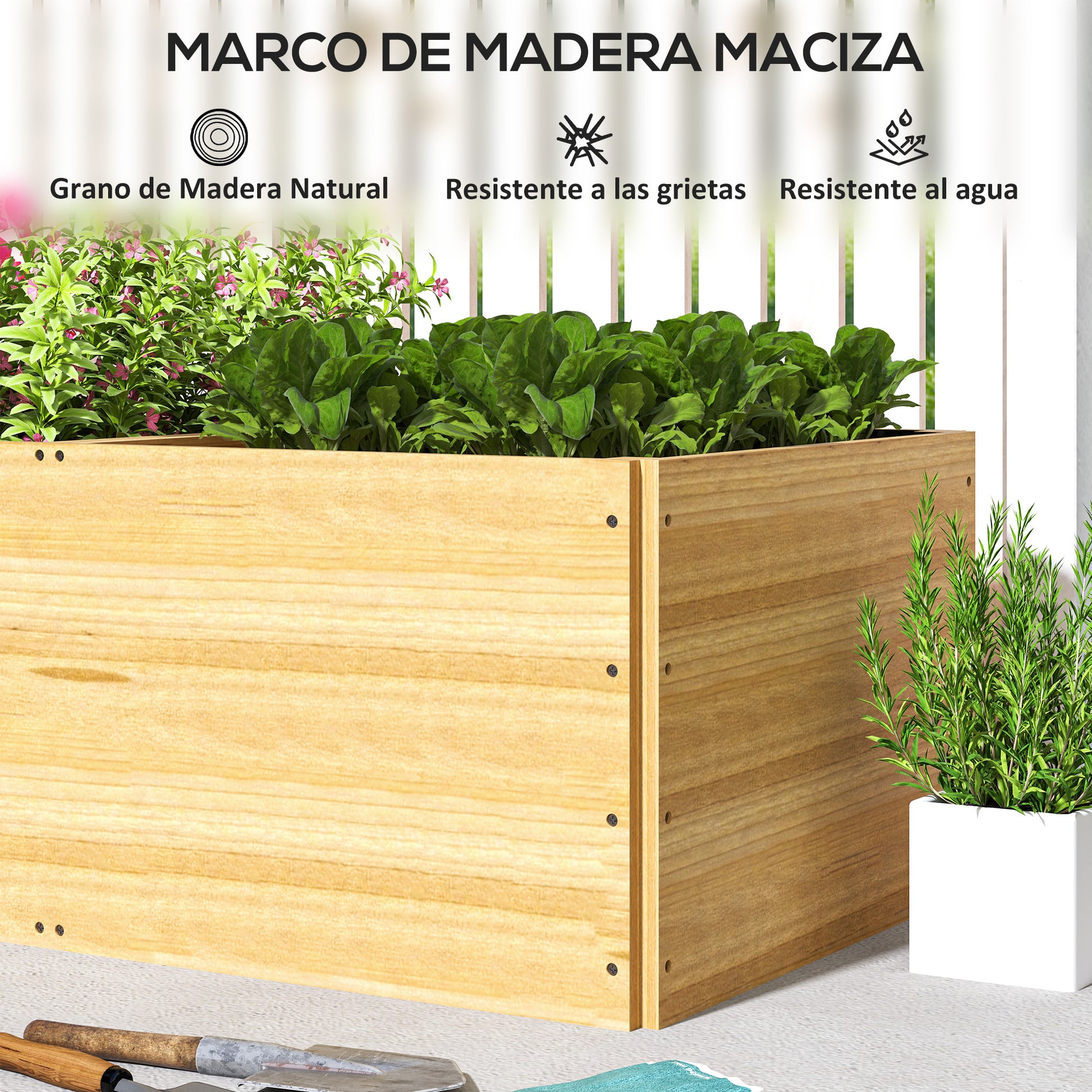Large Outdoor Wood Planter with 3 Planting Zones and Lining Rectangular Planter for Garden Balcony Terrace 140x60x40 cm Natural