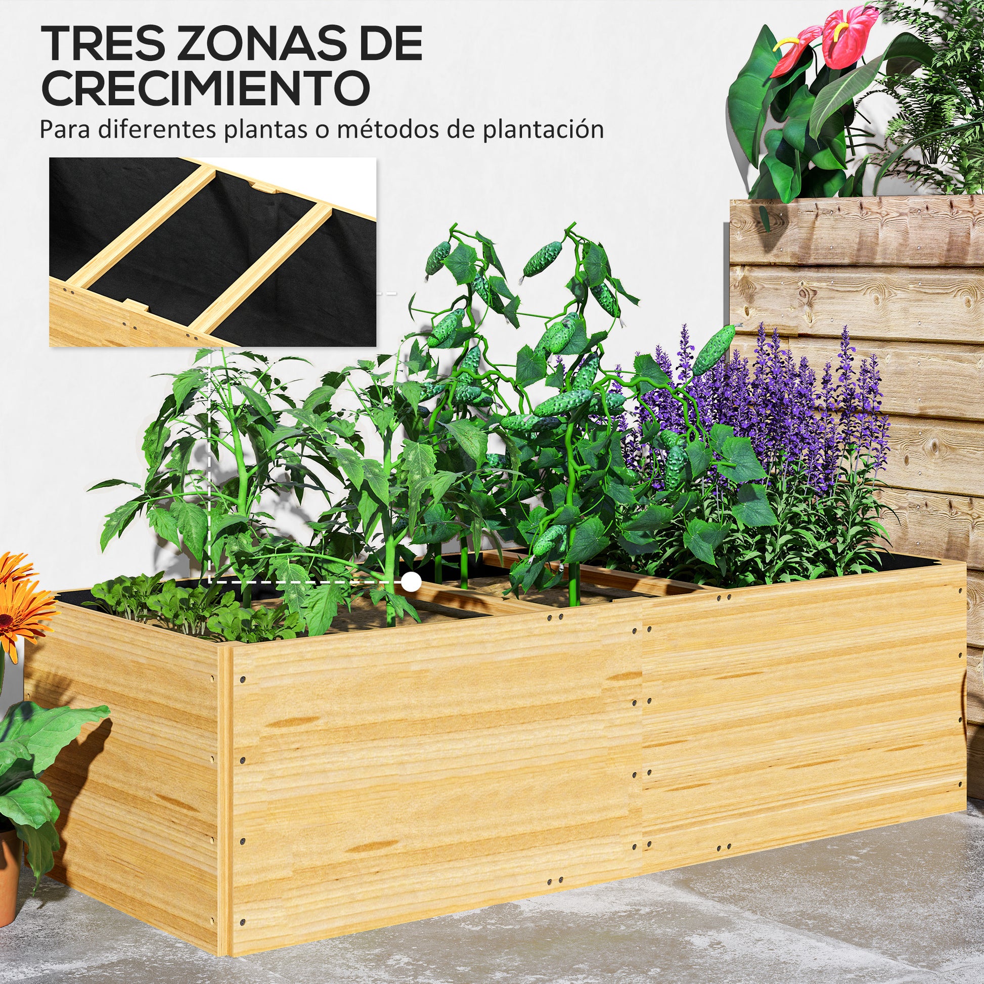 Large Outdoor Wood Planter with 3 Planting Zones and Lining Rectangular Planter for Garden Balcony Terrace 140x60x40 cm Natural