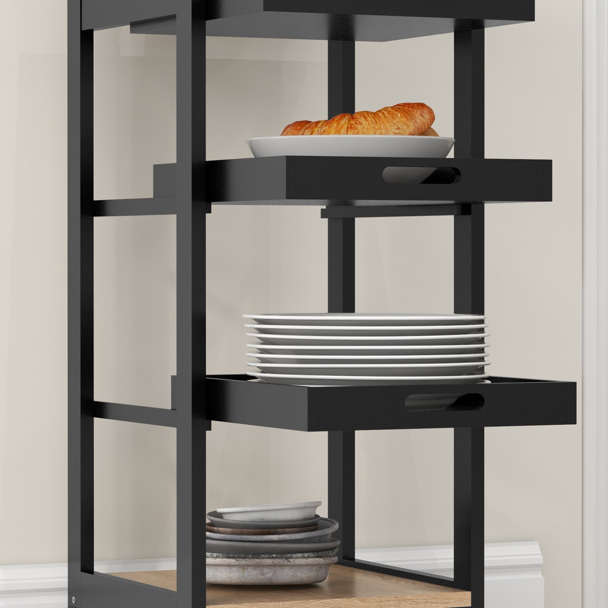 Kitchen Trolley Service Trolley with Wheels 2 Removable Trays, Drawer, Shelf Light Oak Pine Wood Black