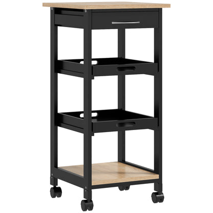 Kitchen Trolley Service Trolley with Wheels 2 Removable Trays, Drawer, Shelf Light Oak Pine Wood Black