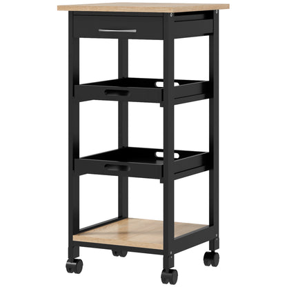 Kitchen Trolley Service Trolley with Wheels 2 Removable Trays, Drawer, Shelf Light Oak Pine Wood Black
