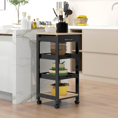 Kitchen Trolley Service Trolley with Wheels 2 Removable Trays, Drawer, Shelf Light Oak Pine Wood Black