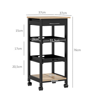 Kitchen Trolley Service Trolley with Wheels 2 Removable Trays, Drawer, Shelf Light Oak Pine Wood Black