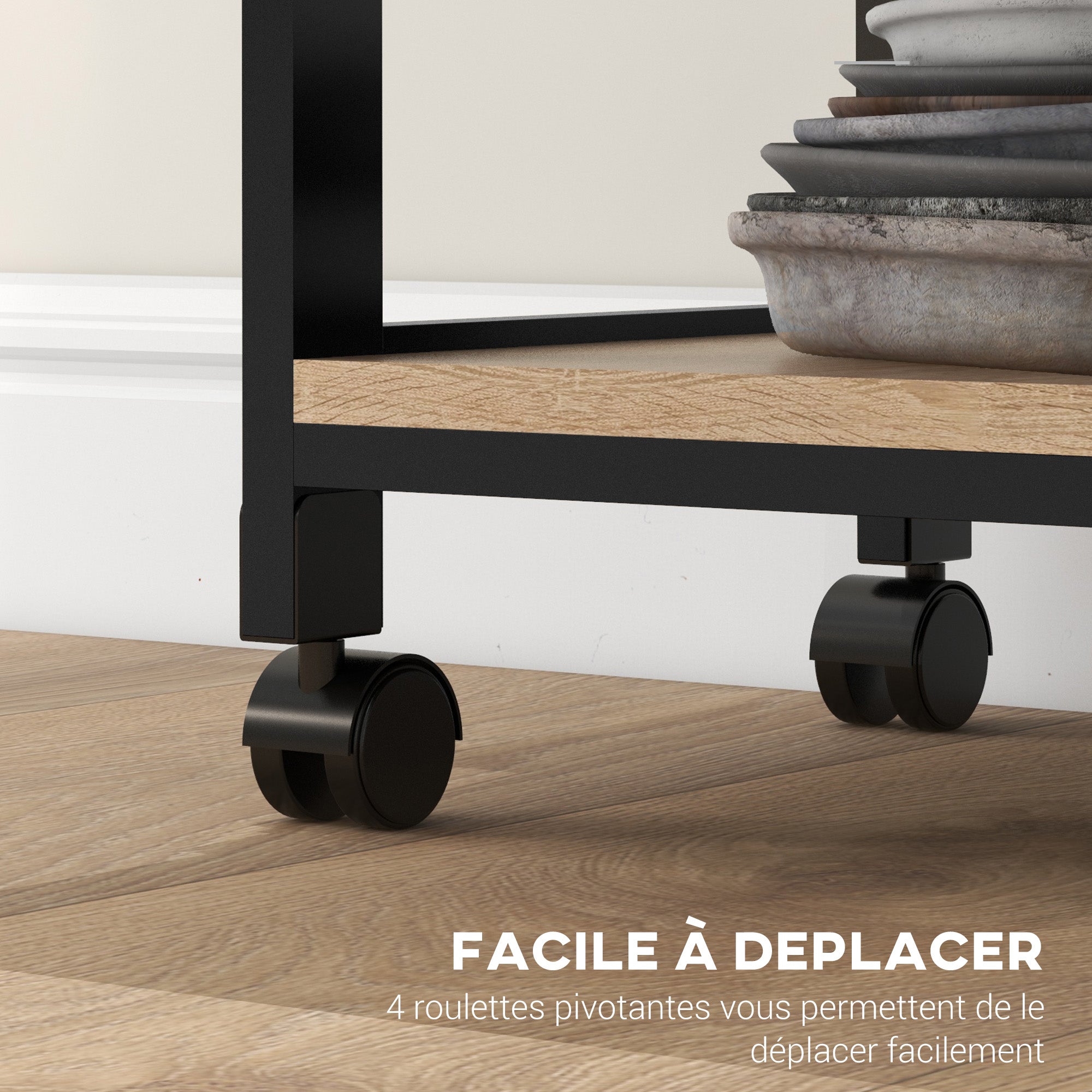 Kitchen Trolley Service Trolley with Wheels 2 Removable Trays, Drawer, Shelf Light Oak Pine Wood Black